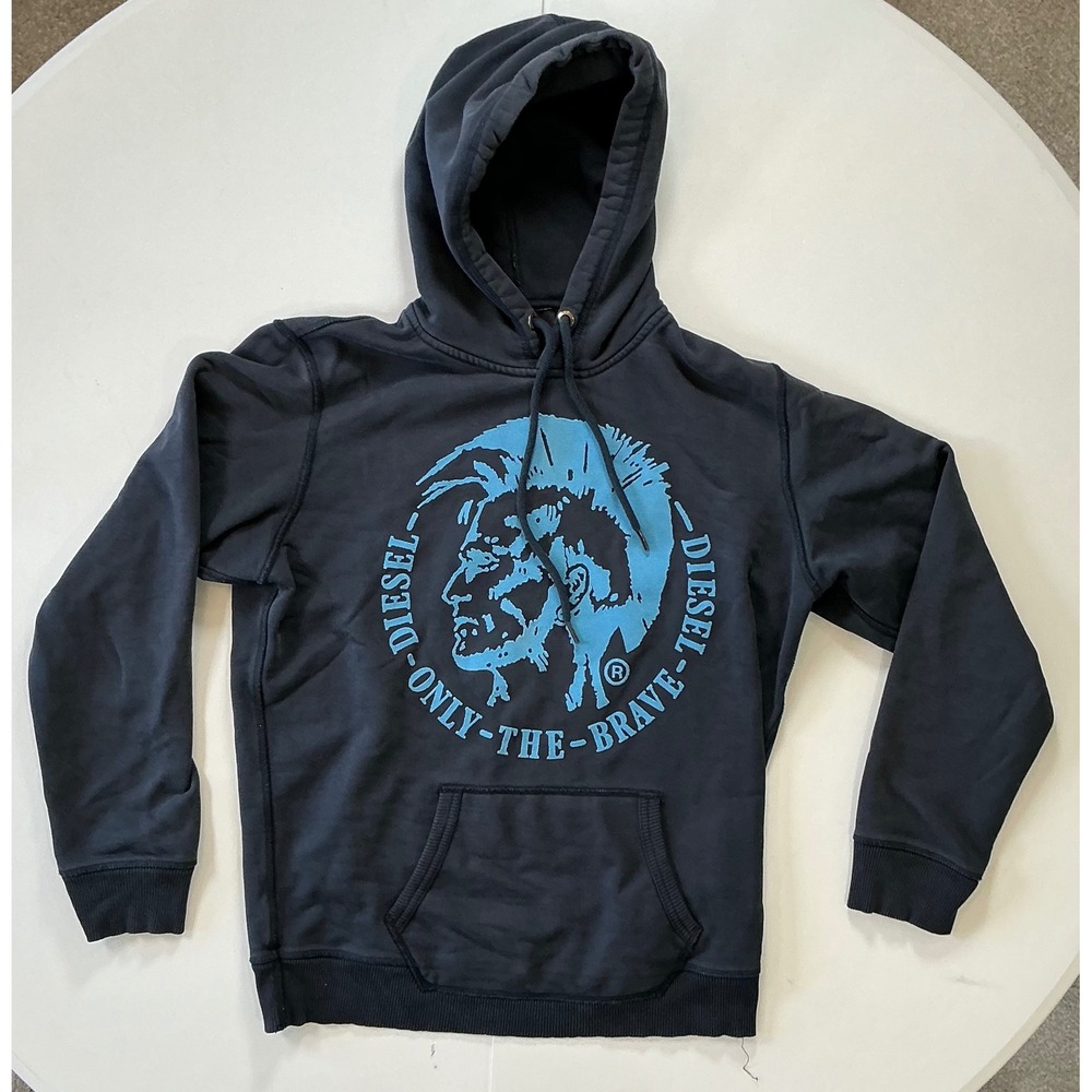VTG Y2K Diesel Only The Brave Mohawk Hoodie Sz M Black Blue Streetwear Distress